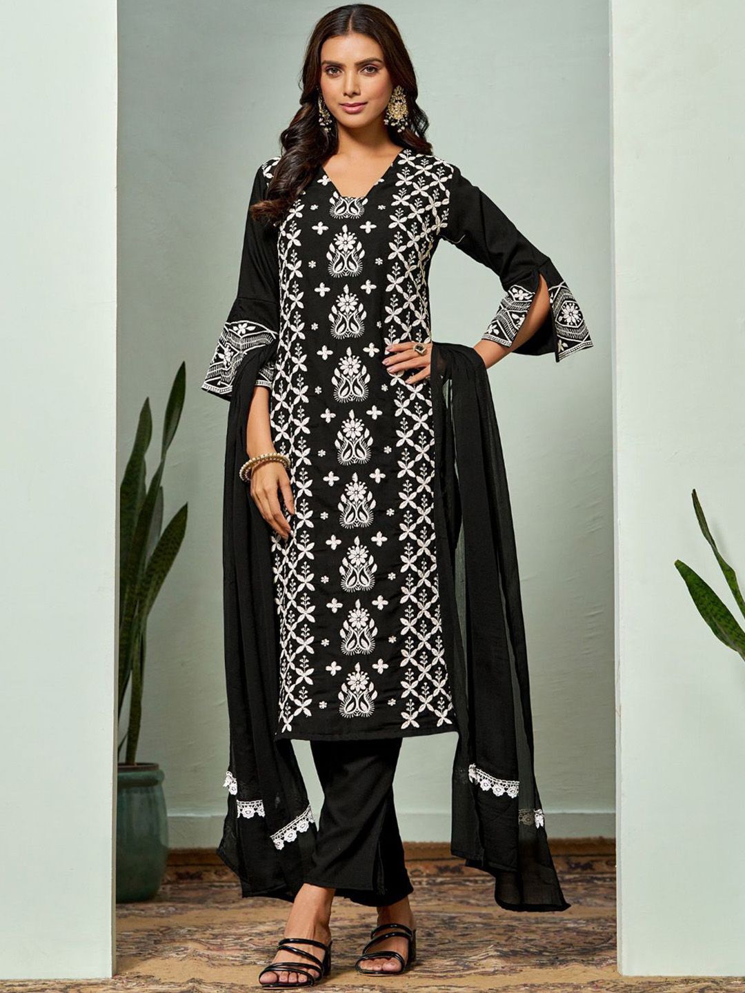 Sangria Chikankari Embroidered Straight Kurta & Trouser With Dupatta