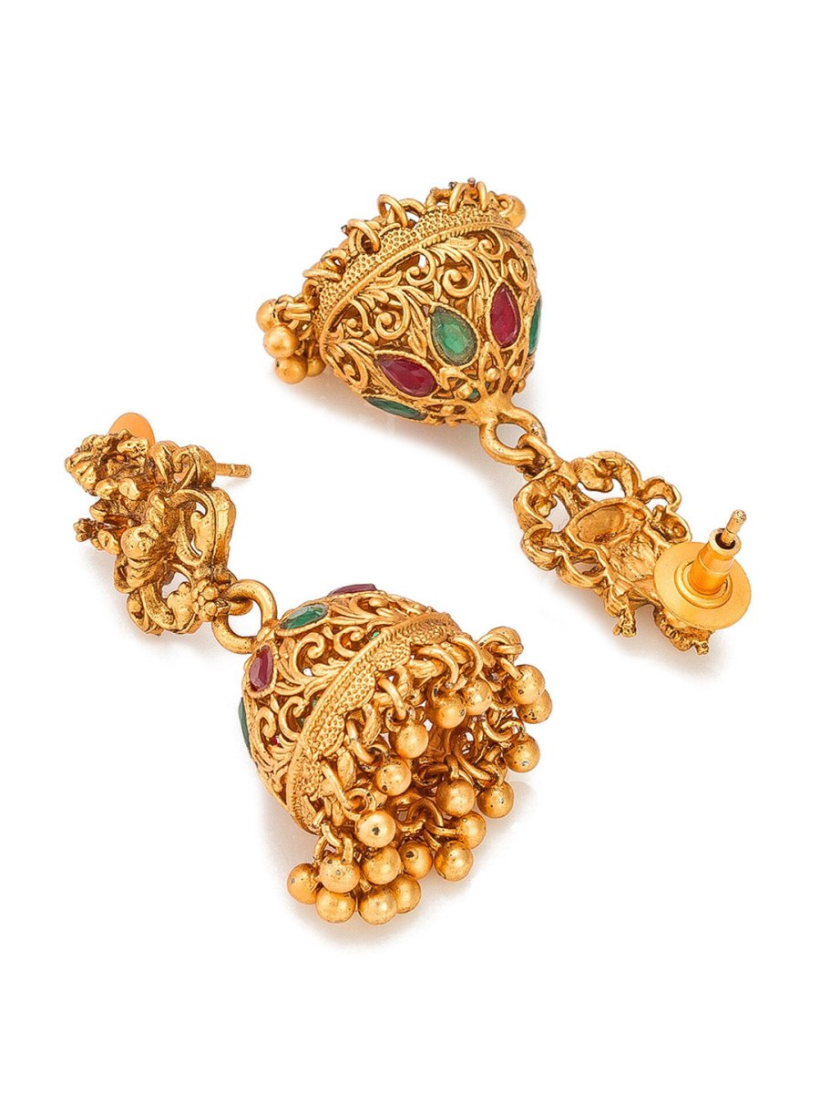 Aadita Gold-Toned Red & Green Stone-Studded Temple Jewelry Set - Distacart