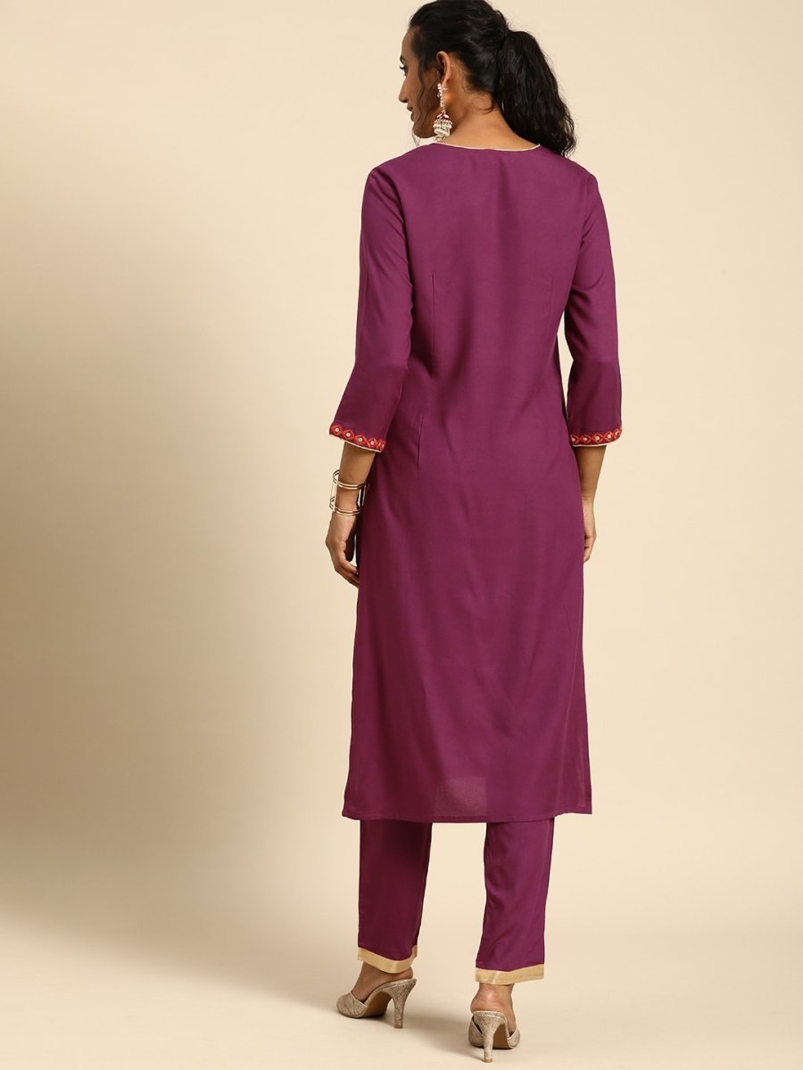 All About You Women Purple Ethnic Motifs Yoke Design Regular Thread Work Kurta with Trousers - Distacart