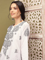 Thumbnail for ADA Ethnic Motifs Embroidered Notch Neck Cotton Chikankari Straight Kurta - Distacart