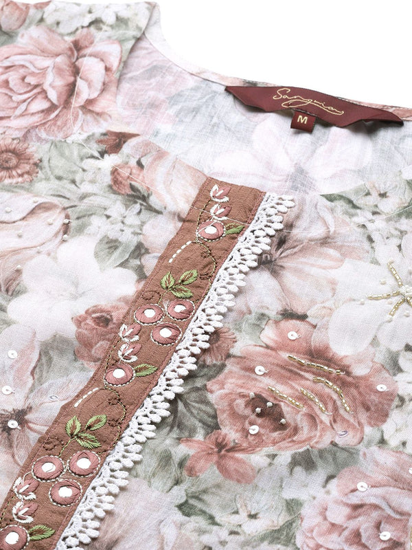 Sangria Women White & Pink Floral Printed Kurta