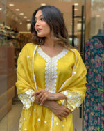 Thumbnail for The52 Yellow Women's Gorgeous Embroidered Georgette Fabric Straight Kurta Pant with Dupatta Set - Distacart