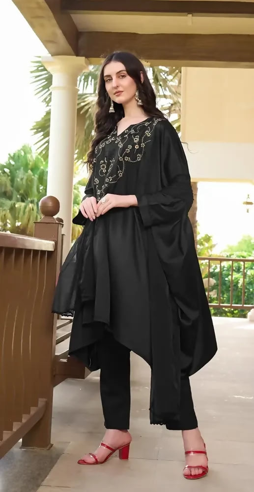 Nikhaar Black Embroidered Satin Asymmetrical Readymade Pakistani Suit