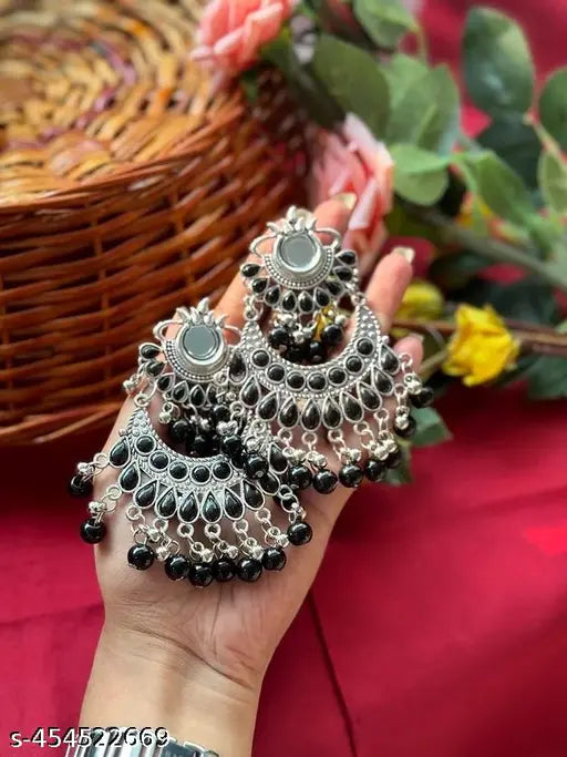 Tehzeeb Creations Women's Oxidised Earrings With Mirror And Black Pearl - Distacart