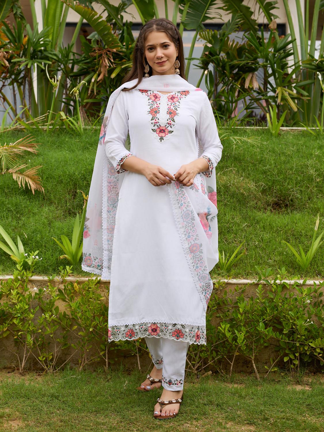 The52 Thread work on Viscose Fabric Straight Kurta, Pant and Dupatta Set