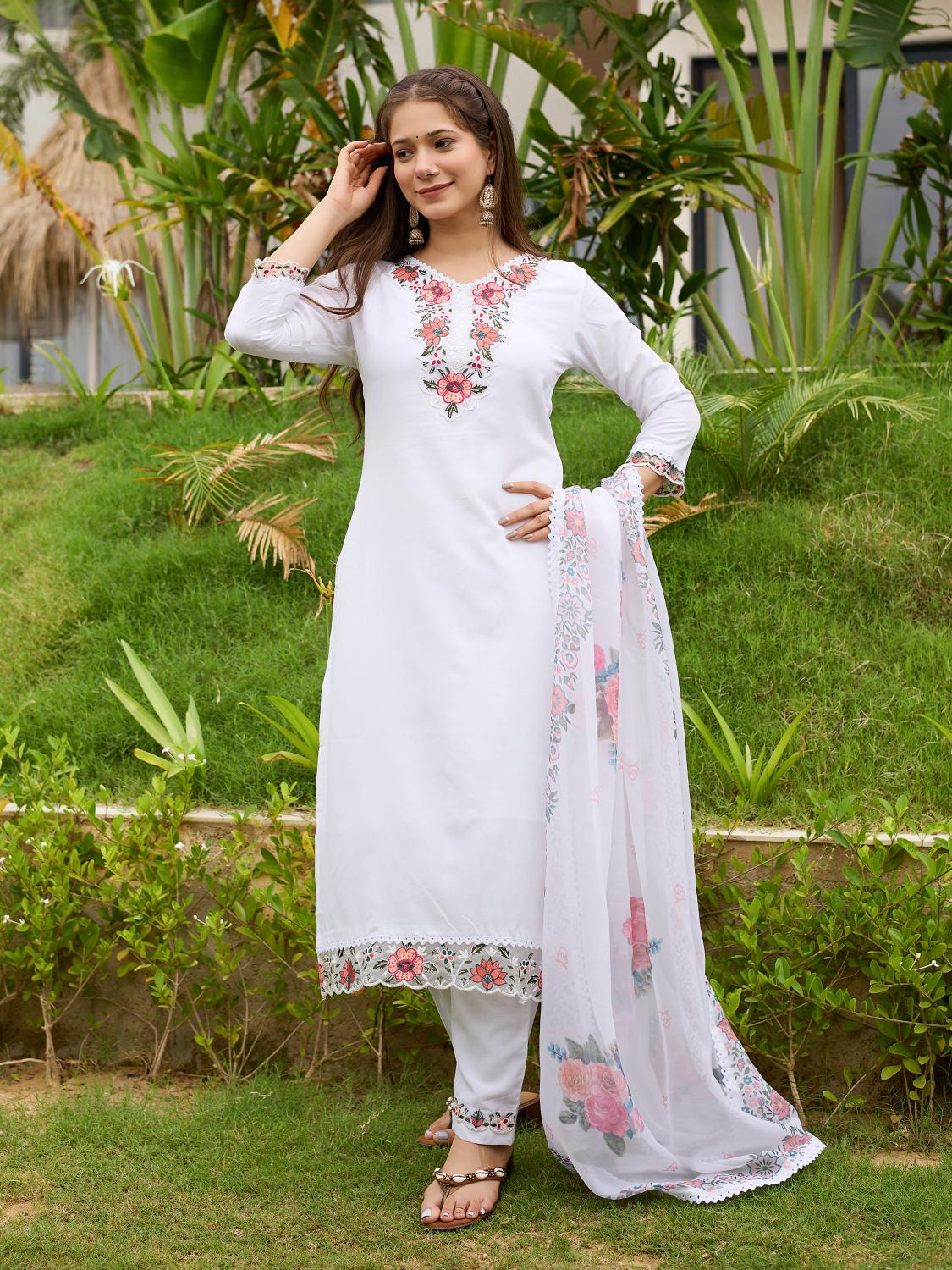 The52 Thread work on Viscose Fabric Straight Kurta, Pant and Dupatta Set