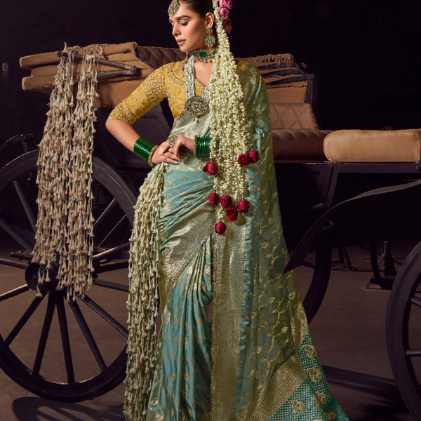 Anaita Sea Green Viscose Tissue Has Worked Pallu Saree With Embroidered Blouse Piece - Distacart