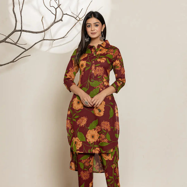 Yufta Maroon Cotton Co-Ord Set - Distacart