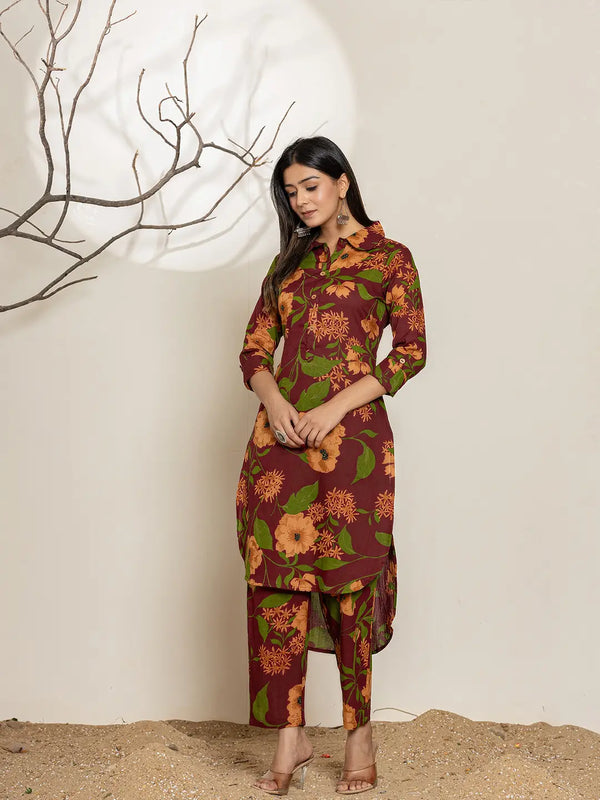 Yufta Maroon Cotton Co-Ord Set