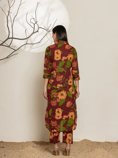 Yufta Maroon Cotton Co-Ord Set - Distacart