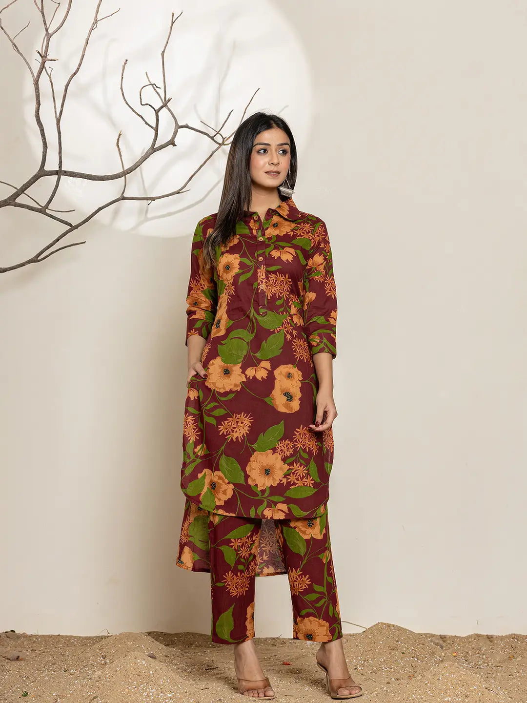 Yufta Maroon Cotton Co-Ord Set - Distacart