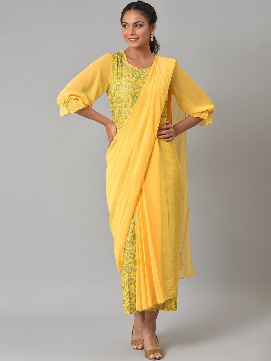 AURELIA Yellow Floral Ethnic Maxi Maxi Dress - Distacart