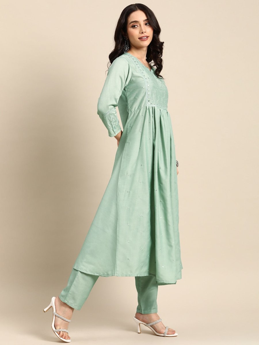 All About You Ethnic Motifs Embroidered Mirror Work Kurta With Trousers - Distacart