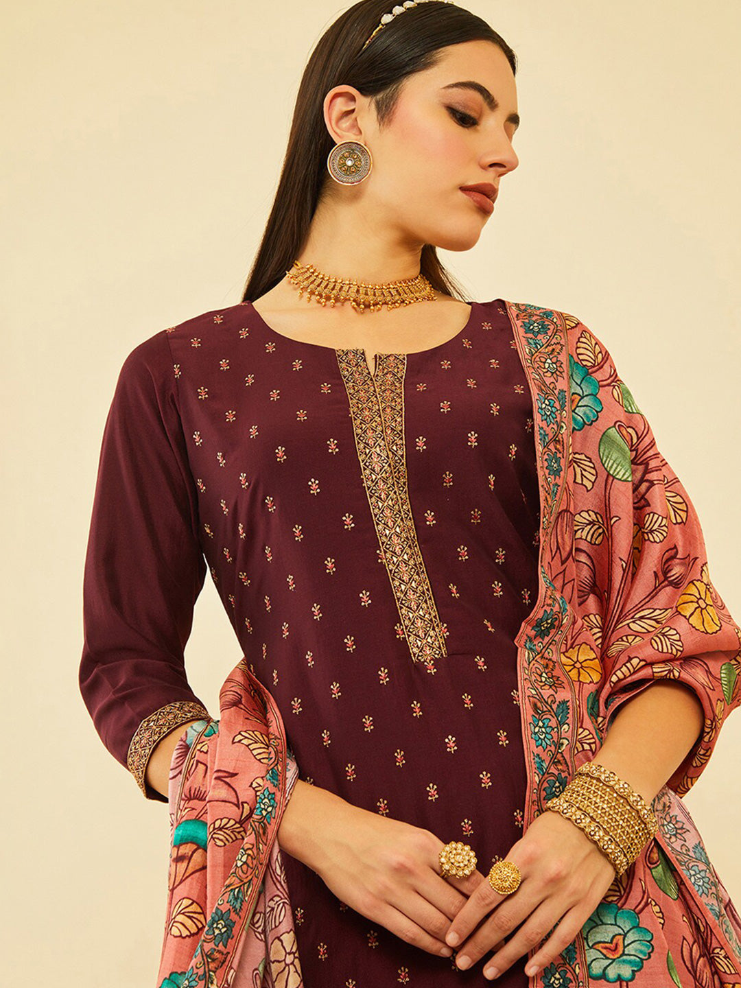 Soch Women Maroon Ethnic Motifs Printed Straight Kurta With Trousers & Dupatta - Distacart