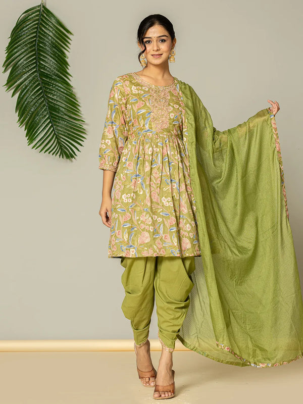 Yufta Green Peplum Dhoti Dupatta Set