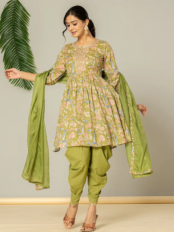 Yufta Green Peplum Dhoti Dupatta Set