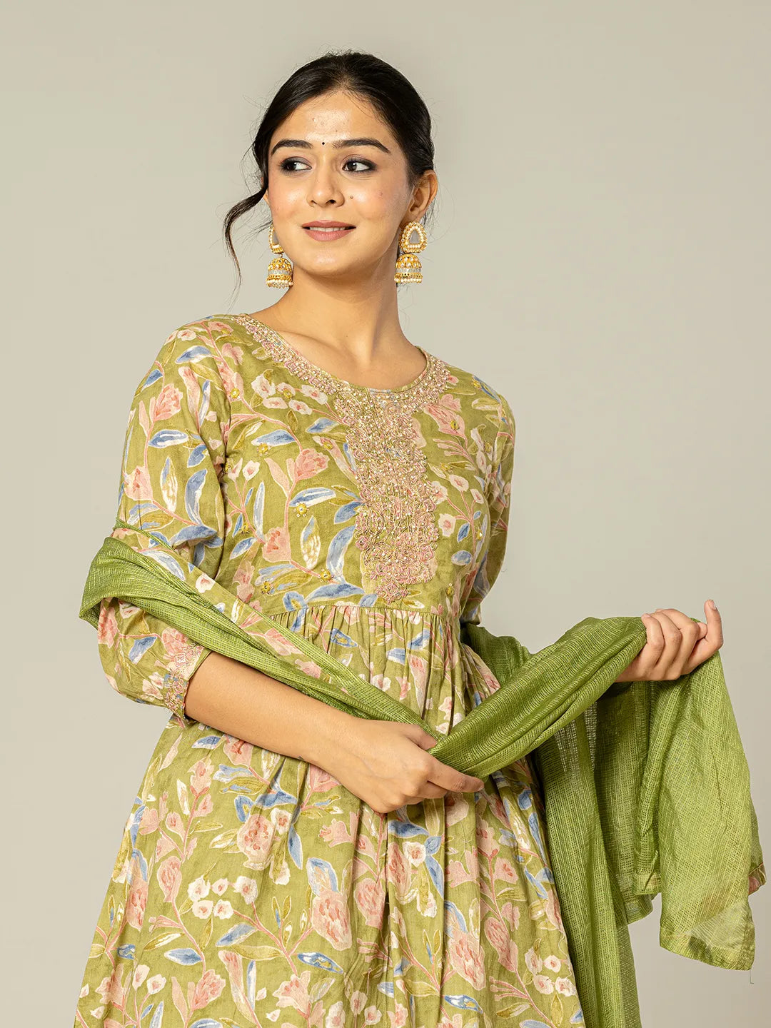 Yufta Green Peplum Dhoti Dupatta Set
