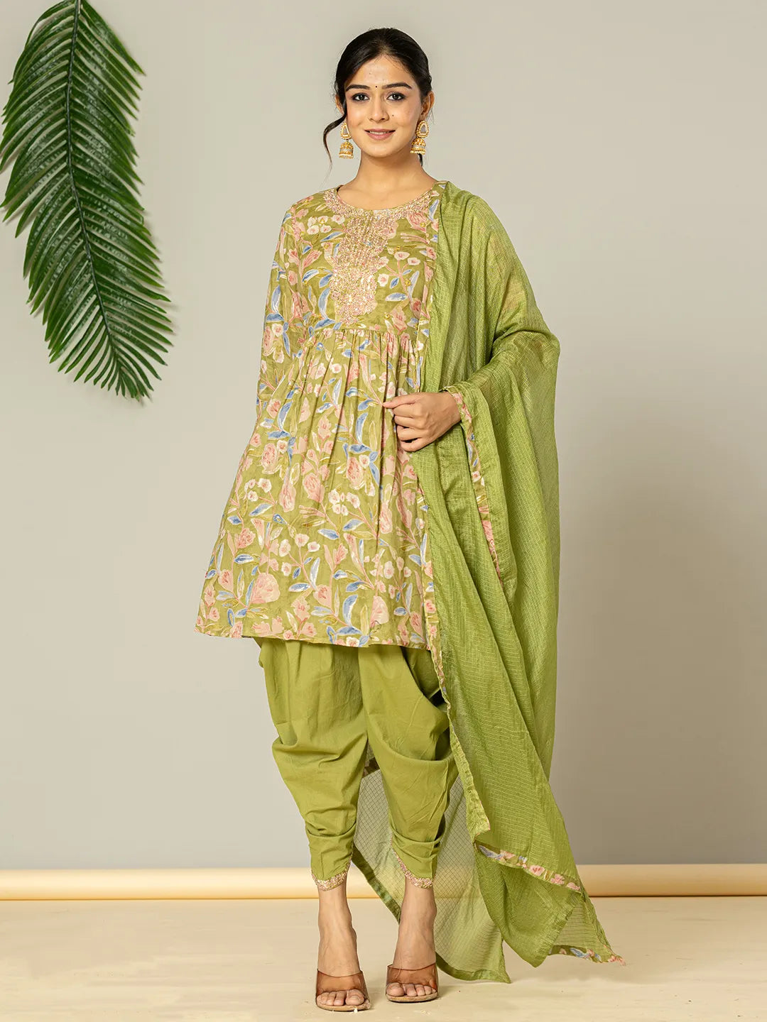 Yufta Green Peplum Dhoti Dupatta Set