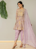 Thumbnail for Yufta Purple Cotton Peplum Dhoti Dupatta Set