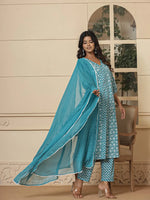 Thumbnail for Yufta Blue Ethnic Motifs Cotton Anarkali Aliya Cut Kurta Dupatta Set