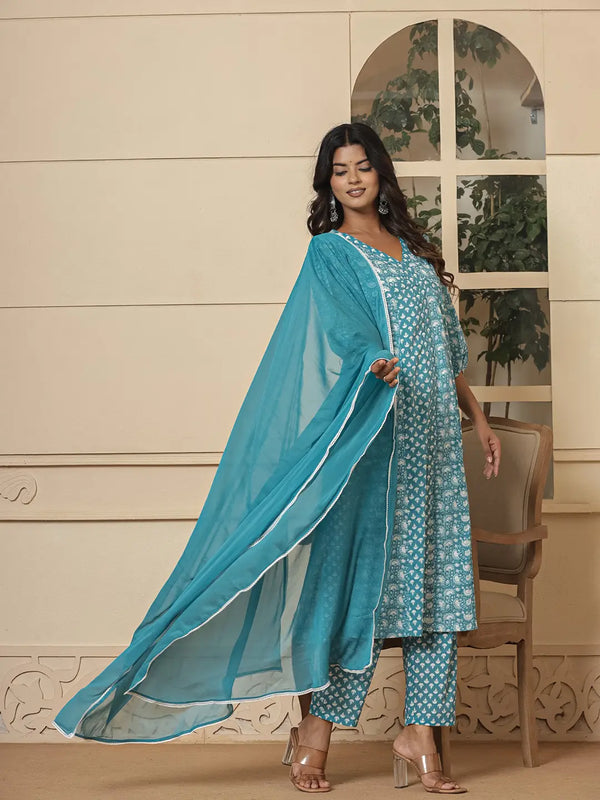 Yufta Blue Ethnic Motifs Cotton Anarkali Aliya Cut Kurta Dupatta Set