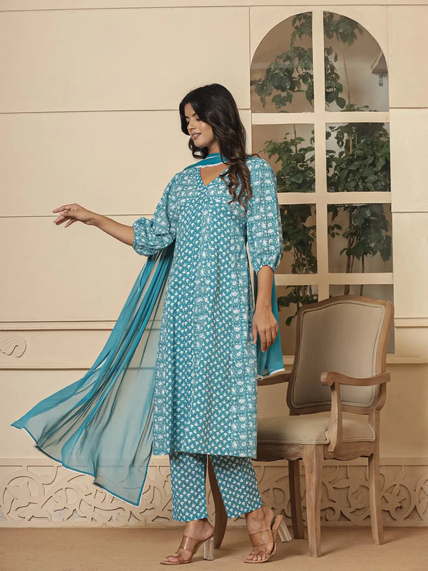 Yufta Blue Ethnic Motifs Cotton Anarkali Aliya Cut Kurta Dupatta Set