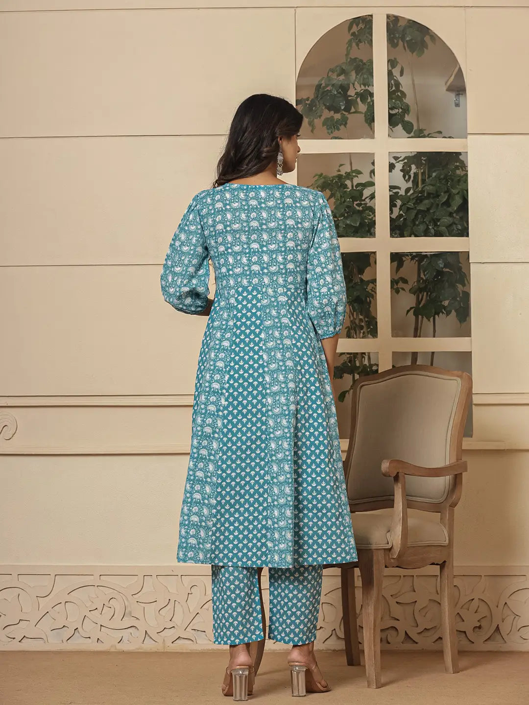 Yufta Blue Ethnic Motifs Cotton Anarkali Aliya Cut Kurta Dupatta Set