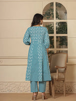 Thumbnail for Yufta Blue Ethnic Motifs Cotton Anarkali Aliya Cut Kurta Dupatta Set