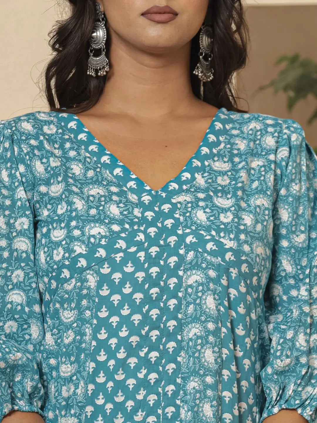 Yufta Blue Ethnic Motifs Cotton Anarkali Aliya Cut Kurta Dupatta Set