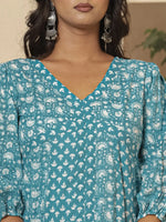 Thumbnail for Yufta Blue Ethnic Motifs Cotton Anarkali Aliya Cut Kurta Dupatta Set