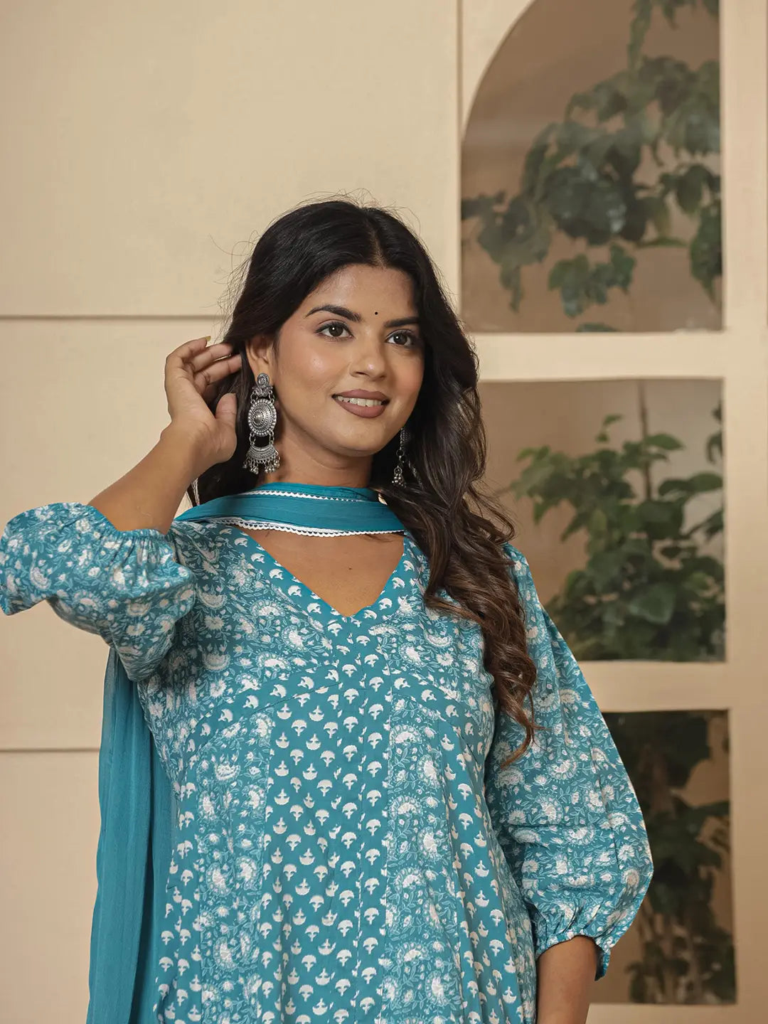 Yufta Blue Ethnic Motifs Cotton Anarkali Aliya Cut Kurta Dupatta Set