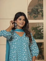 Thumbnail for Yufta Blue Ethnic Motifs Cotton Anarkali Aliya Cut Kurta Dupatta Set