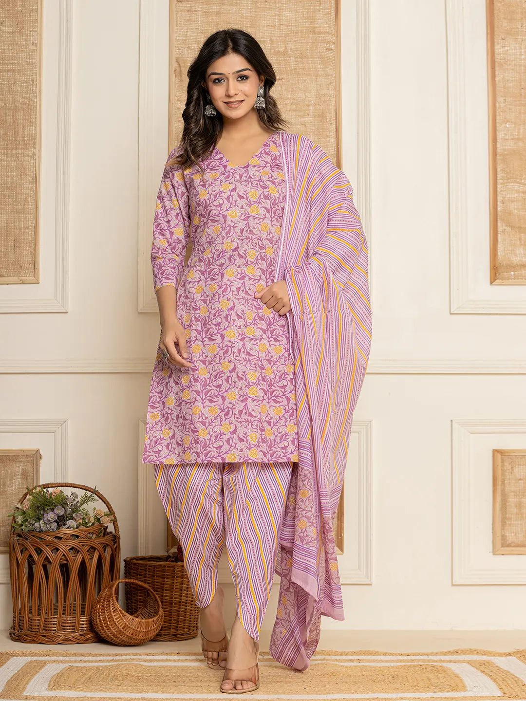Yufta Lavender Floral Print Cotton Straight Style Kurta And Dhoti Pants With Dupatta Set