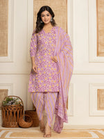 Thumbnail for Yufta Lavender Floral Print Cotton Straight Style Kurta And Dhoti Pants With Dupatta Set
