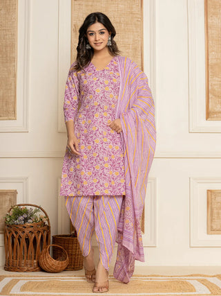 Yufta Lavender Floral Print Cotton Straight Style Kurta And Dhoti Pants With Dupatta Set - Distacart