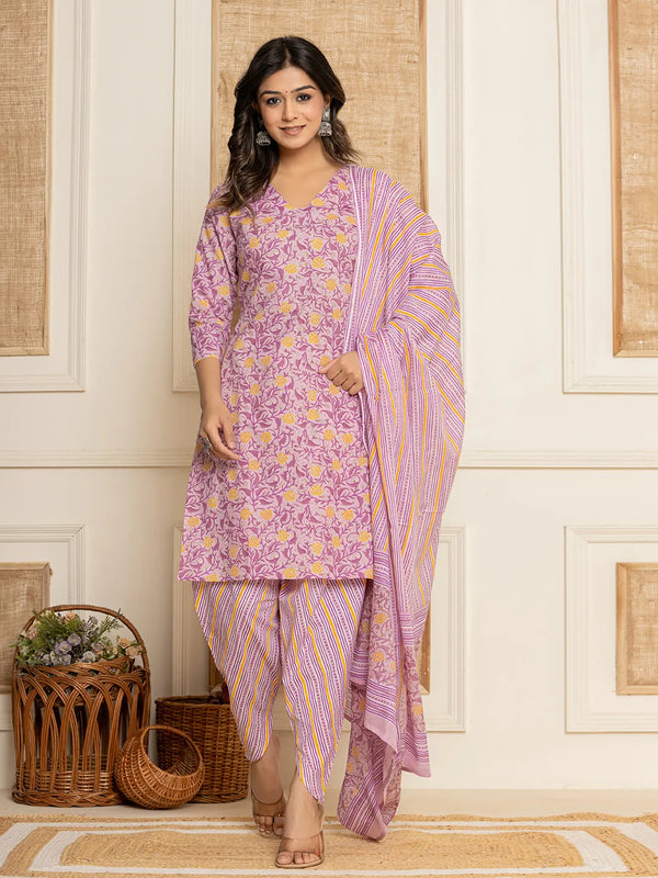 Yufta Lavender Floral Print Cotton Straight Style Kurta And Dhoti Pants With Dupatta Set