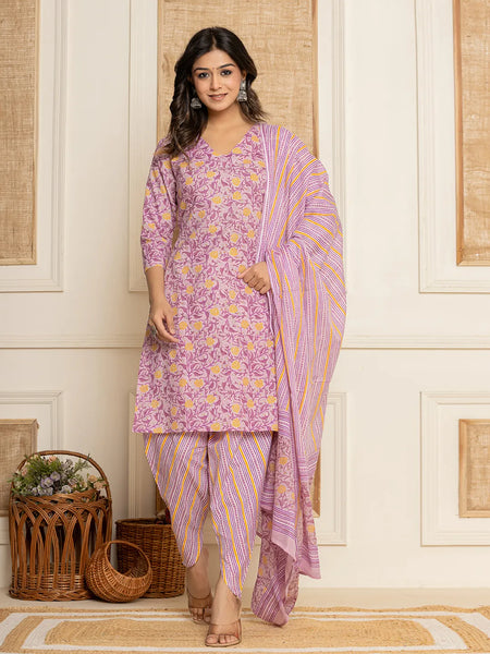 Yufta Lavender Floral Print Cotton Straight Style Kurta And Dhoti Pants With Dupatta Set