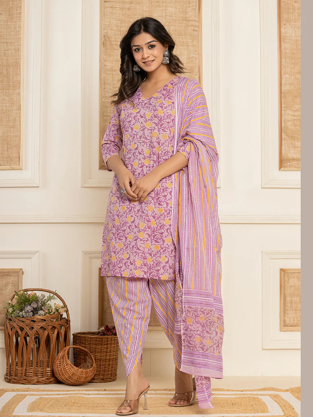 Yufta Lavender Floral Print Cotton Straight Style Kurta And Dhoti Pants With Dupatta Set - Distacart