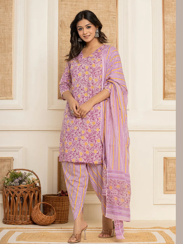 Yufta Lavender Floral Print Cotton Straight Style Kurta And Dhoti Pants With Dupatta Set