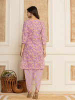 Thumbnail for Yufta Lavender Floral Print Cotton Straight Style Kurta And Dhoti Pants With Dupatta Set