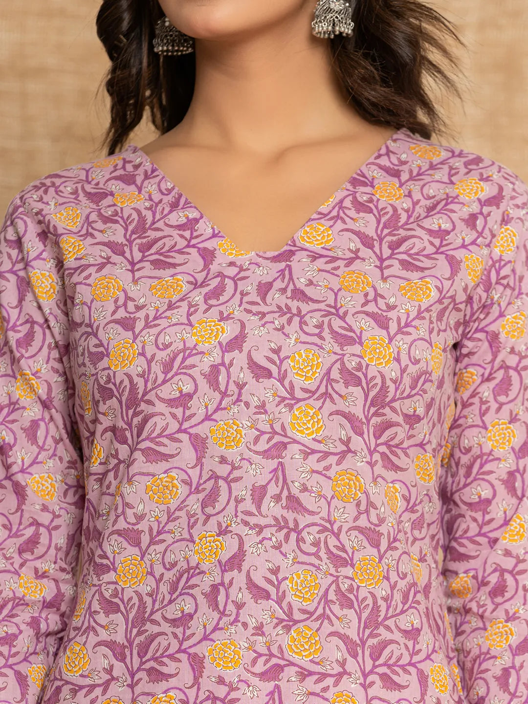 Yufta Lavender Floral Print Cotton Straight Style Kurta And Dhoti Pants With Dupatta Set
