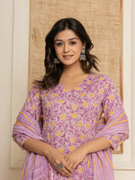 Thumbnail for Yufta Lavender Floral Print Cotton Straight Style Kurta And Dhoti Pants With Dupatta Set