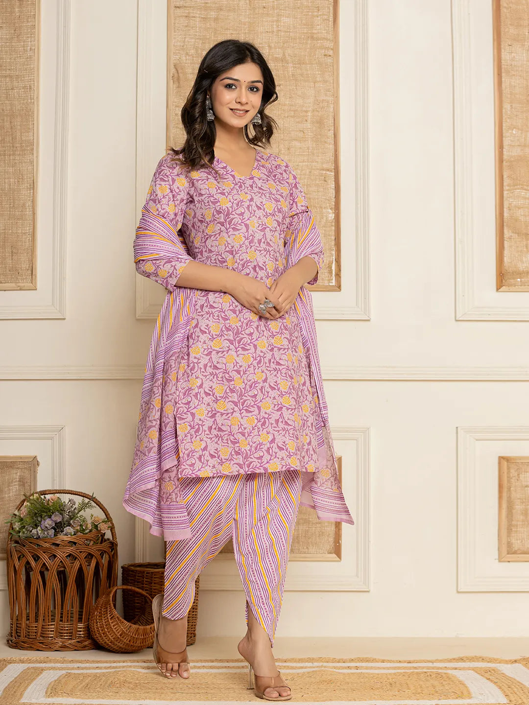 Yufta Lavender Floral Print Cotton Straight Style Kurta And Dhoti Pants With Dupatta Set
