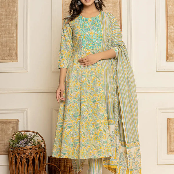 Yufta Mustard Thread_Work Cotton Anarkali Kurta And Trousers With Dupatta Set - Distacart