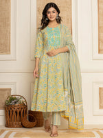 Thumbnail for Yufta Mustard Thread_Work Cotton Anarkali Kurta And Trousers With Dupatta Set