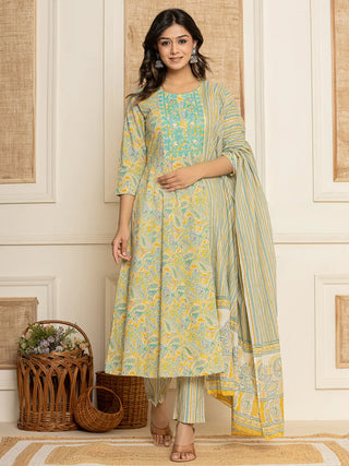 Yufta Mustard Thread_Work Cotton Anarkali Kurta And Trousers With Dupatta Set - Distacart