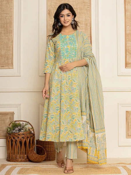 Yufta Mustard Thread_Work Cotton Anarkali Kurta And Trousers With Dupatta Set