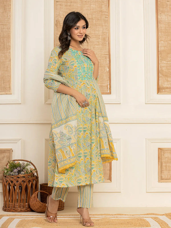 Yufta Mustard Thread_Work Cotton Anarkali Kurta And Trousers With Dupatta Set