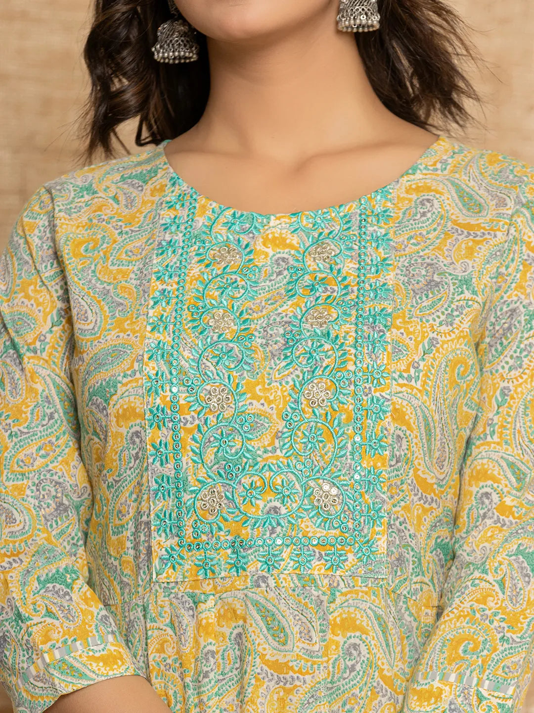 Yufta Mustard Thread_Work Cotton Anarkali Kurta And Trousers With Dupatta Set