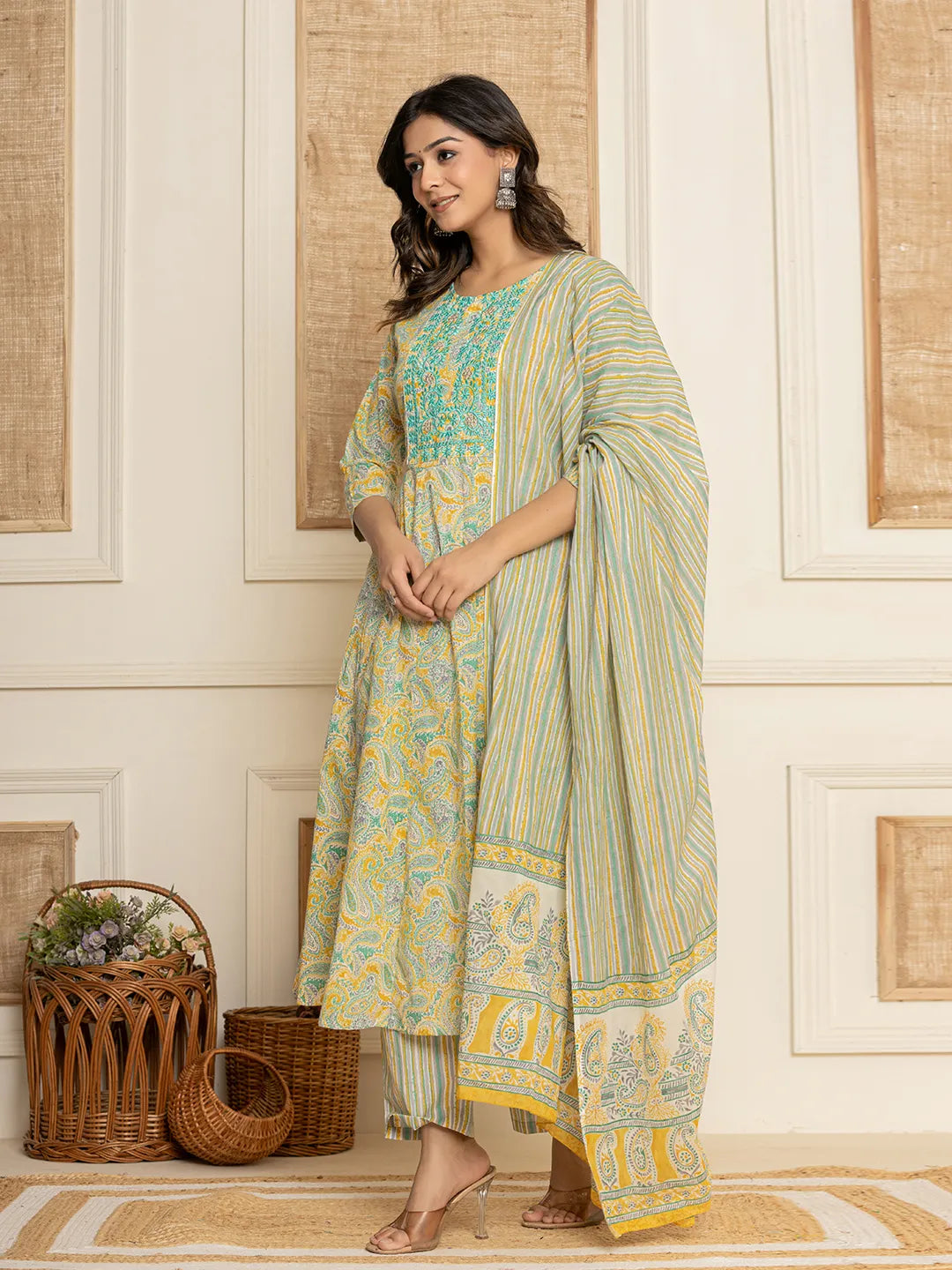 Yufta Mustard Thread_Work Cotton Anarkali Kurta And Trousers With Dupatta Set